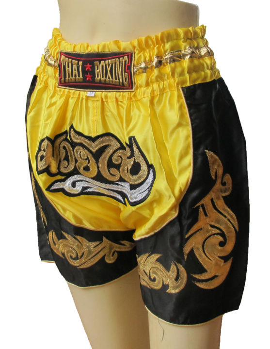 กางเกงมวยไทย-ชุดสวย-แบบสองสี-เหลืองดำ-asian-thai-cool-thai-boxing-2-tone-boxer-waist-24-28-inches-size-m-yellow-black