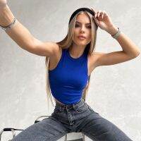 European And American Klein Blue Round Neck Sleeveless Navel-Baring Thread Vest Suspender Female Summer Hot Girl Versatile Slim Slim Top