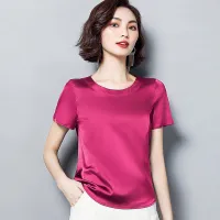 2021 Summer Basic Solid Womens T-Shirts O-Neck Short Sleeve Tees Tops Satin Silk Elegant Thin Shirts for Female