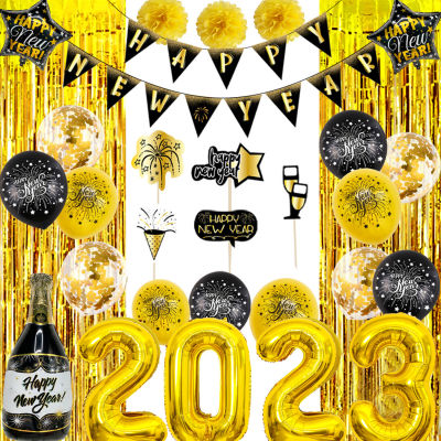 JOLLYBOOM สวัสดีปีใหม่พรรคตกแต่ง12นิ้วพิมพ์ C Onfetti ลูกโป่งน้ำยางดอกไม้ไฟสวัสดีปีใหม่แบนเนอร์เค้ก T Oppers Chamgagne ฟอยล์บอลลูนกระดาษ Pom Pom ดอกไม้สำหรับ2023เทศกาลอุปกรณ์การเฉลิมฉลอง