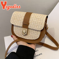 Yogodlns Summer Straw Saddle Bag For Women Contrast Color Shoulder Messenger Bag Woven Flap Crossbody Bag Travel Beach Bags sac