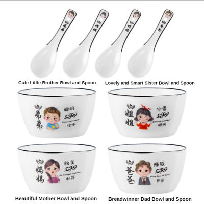 8Pcs 6Inch Cute Chinese Creative Family Ceramic Rice Bowl Spoons Chopsticks Sets Household Utensils Tableware Dinner Sets BowlsTH