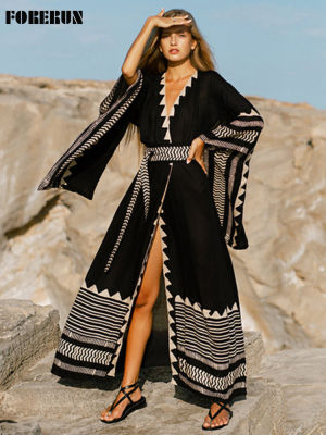 FORERUN Bikini Cover Up Bohemian Beach Kimonos for ashion Elegant Geometric Black Wrap Dresses Beachwear Swimsuit