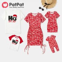 PatPat Christmas Family Matching Allover Letter &amp; Snowflake Print Drawstring Ruched Bodycon Dresses And Short-Sleeve Graphic T-Shirts (ต่อชิ้น)