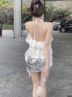 ชุดเลื่อมสองชิ้น ~ เสื้อสวยครึ่งตัว + สะโพกหวานเผ็ดคอผู้หญิงบริสุทธิ์แขวนใบบัวกระโปรง