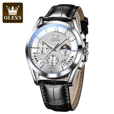 OLEVS นาฬิกาข้อมือแฟชั่นผู้ชาย,โครโนกราฟมัลติฟังก์ชันสายหนังกันน้ำดีไซน์ใหม่ปี2022