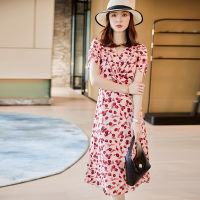 2021 New Arrival Platycodon French Style Dress Summer Socialite Slim-Fit Tight Waist Printed V-Neck Floral Design Sense Dress