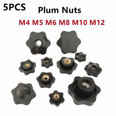 (JIE YUAN)5PCS M4 M5 M6 M8 M10 M12 Plum กระชับ Nuts จับด้าย Mechanical สีดำ Thumb Nuts Clamping Knob คู่มือการใช้งานถั่ว Perforated