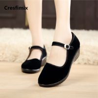 Cresfimix sapatos femininas women retro buckle strap dance shoes lady casual black cloth round toe flats female cool shoes a653