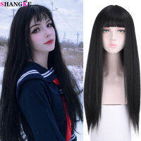 SHANGKE สังเคราะห์ยาวตรงวิกผมสีดำเรียบทนความร้อน Kawaii โลลิต้าวิกผมสำหรับผู้หญิงธรรมชาติคอสเพลย์วิกผม