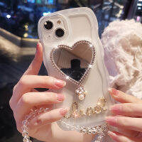 Rhinestone รักกระจกแต่งหน้าสร้อยข้อมือฝาครอบป้องกันสำหรับ 11 12 13 Pro Max กรณีศัพท์มือถือสำหรับ 13 12 11กรณี