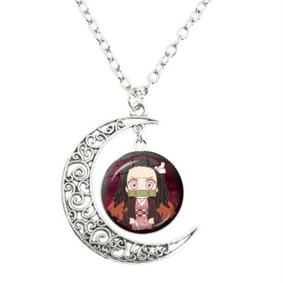 JDY6H Anime My Hero Academia Necklace Demon Slayer Midoriya Izuku Todoroki Figure Glass Gem Moon Pendant Chain Jewelry Fans Gift