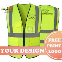 Custom LOGO Reflective Safety Vest Bright Neon Color with 2 Inch Reflective Strips - Orange Trim - Zipper Front Medium Free Size