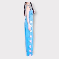 P003-005 PIMNADACLOSET - Sleeveless Deep U Neck  3D Insert Pockets Denim Long Wide Leg Jumpsuit With Smock Crop