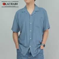 KACHARI เสื้อเชิ้ตสีพื้น สีฟ้าอมเทา คอฮาวาย ผ้าเรยอน