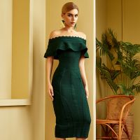 【YF】 Green Color Ladies HL Bandage Dress Ruffles Slash Neck Bodycon Knee-Length Evening Party Fashion Hot Sale