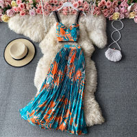 Wholesale Fashion Printing Sling+ Pleated Skirt 555