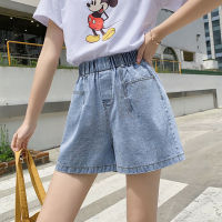 Celana Pendek Denim เอวสูงสำหรับผู้หญิง,รุ่นเกาหลีแบบหลวมกระชับสัดส่วนและนักเรียนกางเกงขาม้าใส่ได้หลายโอกาสพร้อมกางเกง