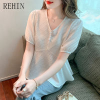 REHIN เสื้อผู้หญิงสำหรับฤดูร้อนเสื้อดีไซน์ใหม่,เสื้อเชิ้ตผ้าชีฟองใส่ได้หลากหลายใส่ได้ทุกโอกาสน้ำหนักเบาและเสื้อผู้หญิงแขนสั้น