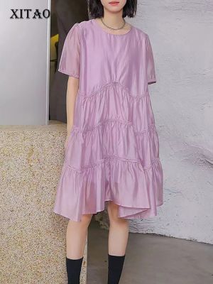 XITAO Solid Color Casual Loose Folds Dress Fashion Temperament Women