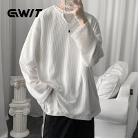 GWIT เสื้อยืดแขนยาวผู้ชายวาฟเฟิลสีทึบคอวีแขนสั้นเสื้อยืดผู้ชายขี้เกียจลมแขนยาวครีมกันแดดเสื้อเชิ้ตหลวมแนวโน้ม Gwit100