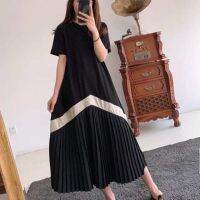 ZZOOI REALEFT Women 2020 Casual Pleated Long Dresses Short Sleeve O-Neck High Waist Color Patchwork Striped Print Dresses for Ladies