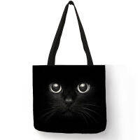 Fabric Foldable Shopping Bags For Groceries Cute Black Cat Print Tote Bag for Women Personality School Traveling Shoulder Bags