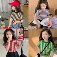 [COD] Striped girls summer clothes childrens short-sleeved bottoming baby round neck casual all-match