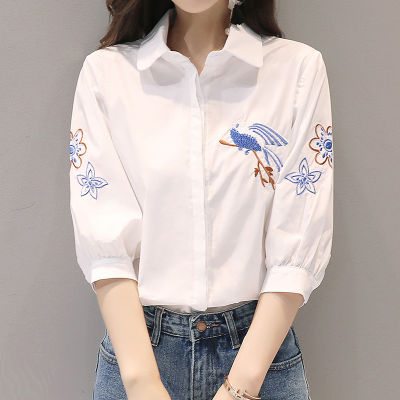 Embroidered Flower And Bird Shirt Japanese Womens 2023 New Korean Style Spring Summer Autumn Seven-Point Sleeve White Base Top