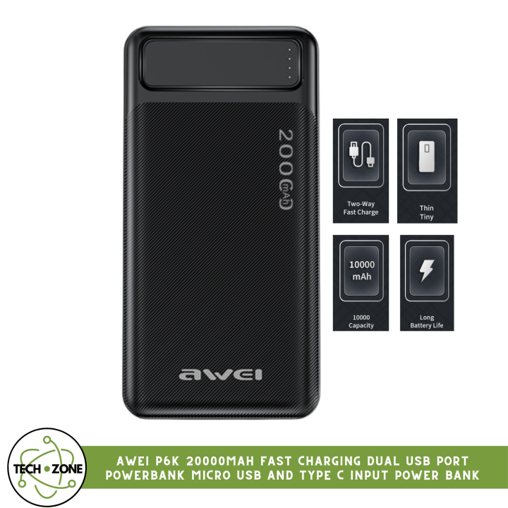 TECHZONE Awei P6K 20000mAh Fast Charging Dual USB Port Powerbank Micro