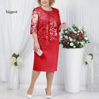 ☆BIG☆Plus Size Party Sheer Half SleeveFloral Lace Layered Mother of Bride Midi Dress