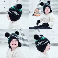 2023 New Dinosaur Printed Wool Baby Glove Winter Set Hat Girl Boy Beanie Lovely Winter Hat Girl Beanie With Hairball Knitted Cap  by Hs2023