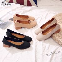 【Ready Stock】 ❃ C40 2020 New Retro Square Soft Leather Single Shoes Slip on Middle Heel Shoes for Lazy People(Small Half)