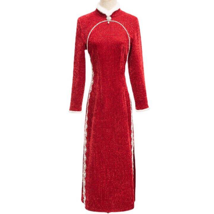 cw-autumn-and-winter-red-cheongsam-chinese-style-2023-new-years-greetings-r-thickened-chenille-improved-qipao-dress-for-women