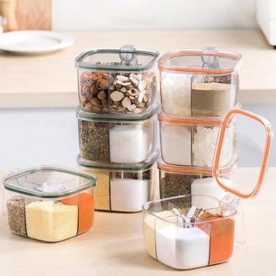 【CW】 Spice Jar Seasoning Bottle Storage Transparent 4 Compartment Food Grade Large Capacity Moisture-proof with Lid