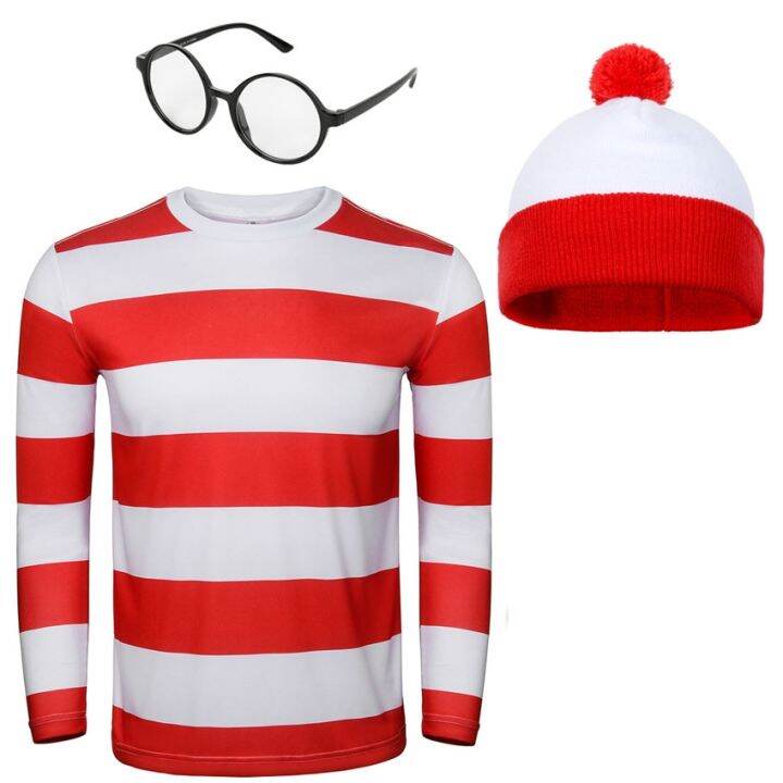 Wheres Wally Costume Red Stripe Shirt Hat Glasses Full Sets Christmas ...