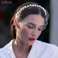 TOPQUEEN VA11 Wedding Face Veil Bridal Birdcage Russian Tulle Cage Veil with Rhinestones Simple Detachable Blusher Veil Pearls Hair Accessories