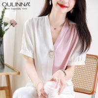 OULINNA เสื้อที่แขวนโลหะสีคอวีสำหรับผู้หญิง,เสื้อชีฟองแขนสั้นแบบสวมหัวคอวีสไตล์เกาหลีบางใหม่ฤดูร้อน