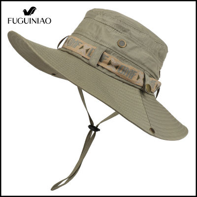 FUGUINIAO หมวกมีปีกป้องกันรังสี UV ปีกกว้างหมวกบักเก็ตกลางแจ้งสำหรับผู้ชาย,หมวกตาข่ายหมวกชาวประมงซาฟารีหมวกปีนเขาครีมกันแดดชายหาด