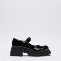 2022 ZARAˉnew womens shoes winter patent leather black thick-soled flat bottom casual shoes buckle sandals Mary Jane