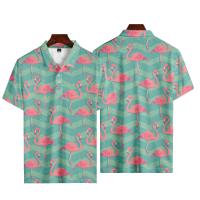 【high quality】  Mens Button Polo Shirt, Oversized Sleeve Casual Shorts, Printed with Flamingo Pattern, Suitable for Mens Fashion in Summer 2023