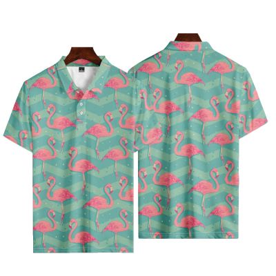 【high quality】  Mens Button Polo Shirt, Oversized Sleeve Casual Shorts, Printed with Flamingo Pattern, Suitable for Mens Fashion in Summer 2023