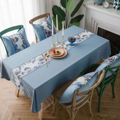 [COD] Imanqiyun tablecloth idyllic blue embroidery imitation linen retro rectangle