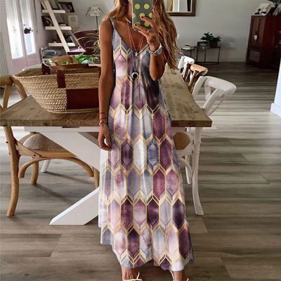 Women Dresses Ladies Sleeveless V-Neck Camisole A-Line Camisole Casual Printed Long Dress for Women 2021 Fashion Mujer Vestido