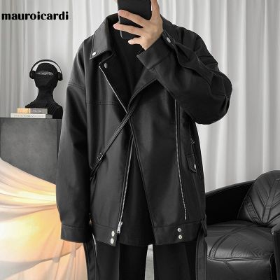 ZZOOI Mauroicardi Spring Black Oversized Leather Biker Jacket Men Casual Loose Korean Fashion 2021 Faux leather Jackets for Men Brand