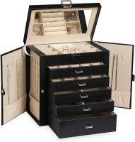 【hot】✈  Large Jewelry Box6-Tier Leather Organizer with LockMulti-functional Storage MirrorAccessories Holder