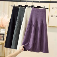 Solid Color Simple Knitted Skirt WomenS Stretch High Waist Sweater Long Pleated Skirts 2021 Korean Wild Autumn Winter A-Line