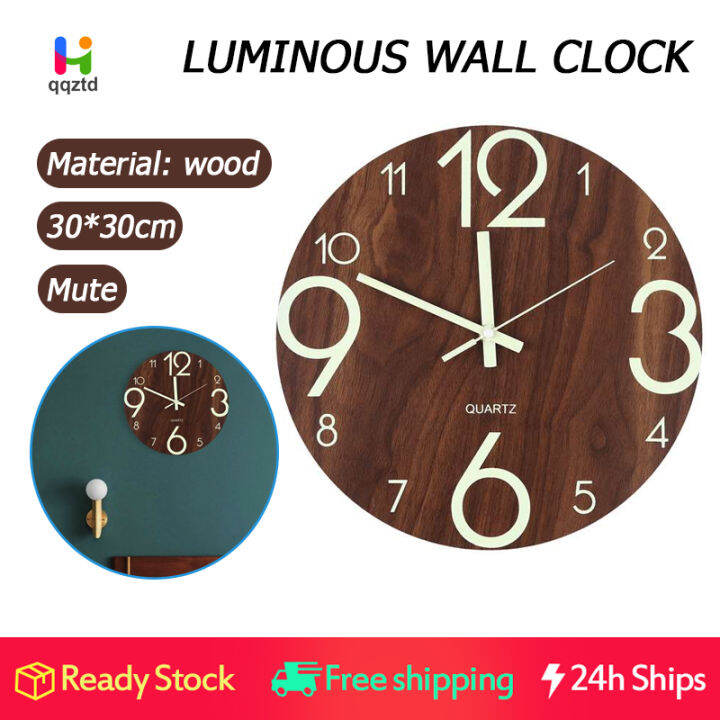 Luminous Wall Clock,12 Inch Wooden Silent NonTicking Kitchen Wall