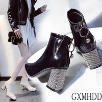 Square Toe Short Boots Woman 2020 FallWinter Shoes Women High Heeled Boots Rhinestone Chunky Heel Female Booties Large Size