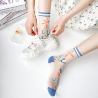 LIANLA ถุงเท้าผู้หญิงบางเฉียบน่ารักสไตล์ญี่ปุ่นน่ารักถุงเท้าดอกไม้ถุงเท้าหลอดยาวถุงเท้าผ้าไหมแก้ว